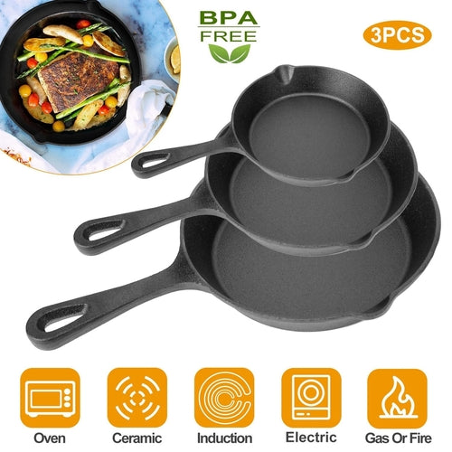 3Pcs Pre-Seasoned Cast Iron Skillet Set 6/8/10in Non-Stick Oven Safe